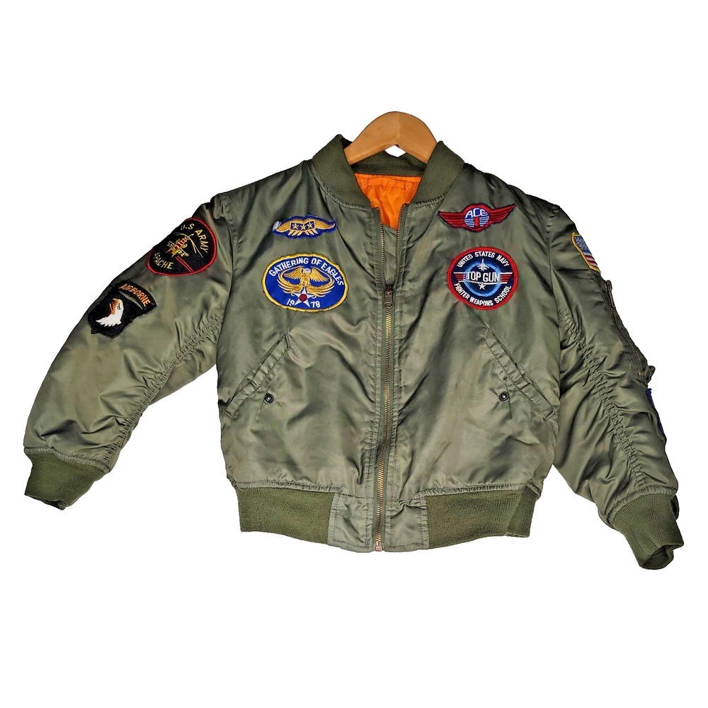 Alpha Industries Youth MA-1 Flight Bomber Jacket Green Patches Small 33 Chest